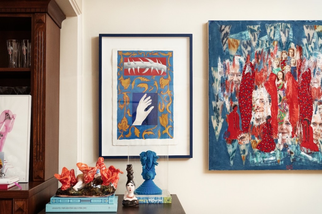 Right to left: a painting by Aneh Mohammad Tatari, a painting by Mojgan Mohammadi, a sculpture by Mamali Shafahi, and sculpture by Dorsa Asadi. Photo: Atoosa Alebouyeh.