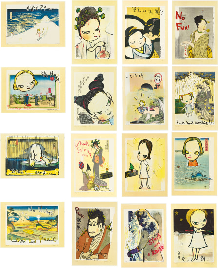 Yoshitomo Nara, In The Floating World (set of 16), 1999, reworked woodcut colour xerox on paper, each 41.3 x 28.5 cm, estimate HK$800,000 – 1,200,000/ US$103,000 – 154,000 © Yoshitomo Nara