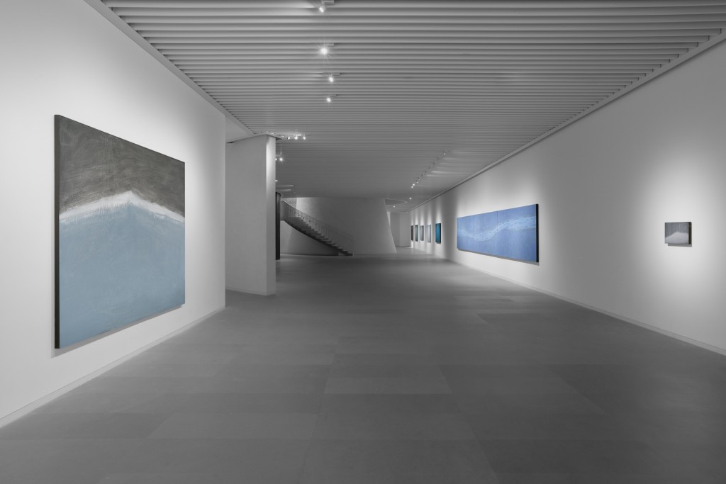 Solo Exhibition “The Quiet Sublime” by Wang Yizhou, Aurora Museum, Shanghai, 2026. From left to right: High Mountain, 2017, Oil on Canvas, 230 x 210cm; Endless river, 2024, Oil on Canvas, 300 x 150cm x 3; High Mountain, 2023, Oil on Canvas, 40 x 30cm. Courtesy of the artist, Aurora Museum and Moodsea Gallery