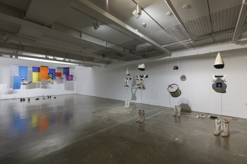 Jumpet Kuswidananto, "The Third Realm (Venice Series)", Installation of four figures, Video and drums, 2011. Part of Tom Tandio's collection was exhibited in Seoul. Photo credit: SongEun ArtSpace.