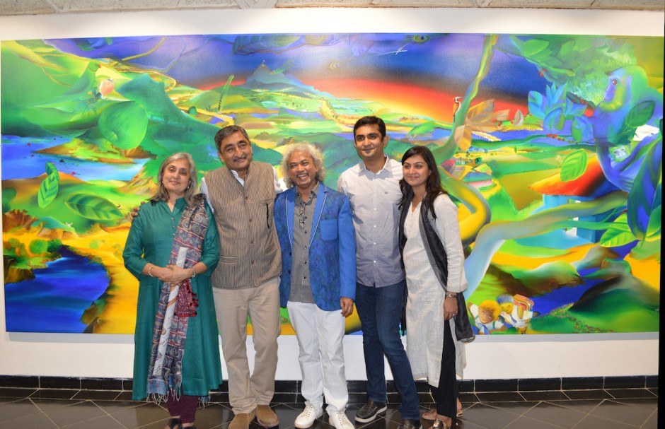 Anil Relia and family with artist Nabibakhsh Mansoori (centre) from a recent exhibition of the artist, 2016. Courtesy of Anil Relia.