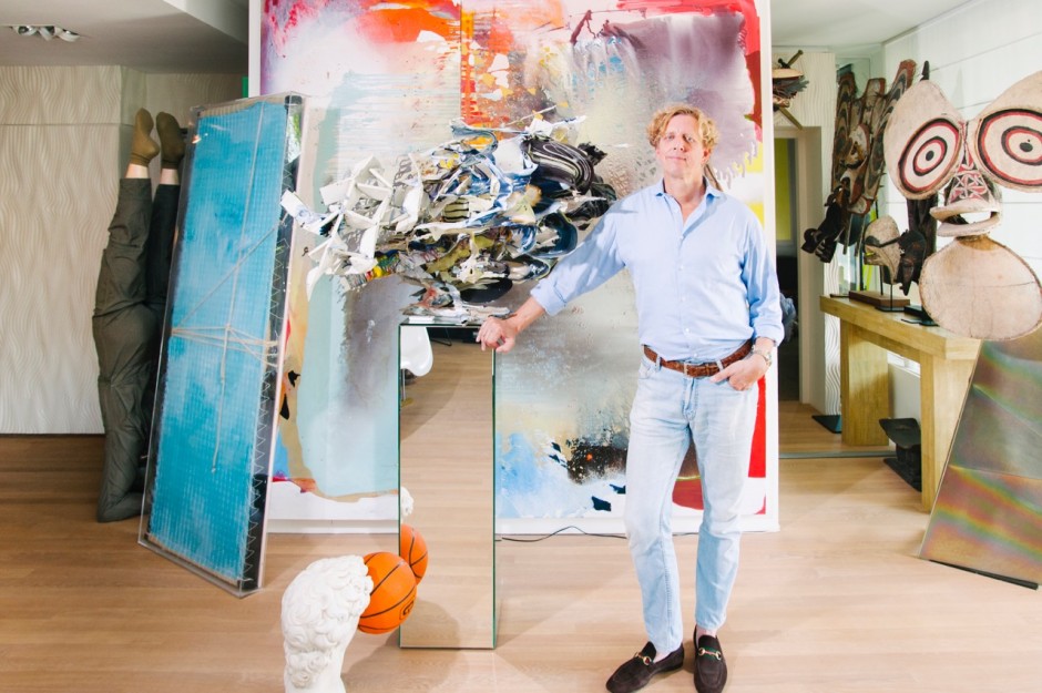 Antoine de Werd in front of his collection (from left to right: Yves Scherer, Jackie Saccoccio, Heringa Van Kalsbeek, Tribal art from Africa and Oceania and Just Quist). Courtesy of Antoine de Werd.