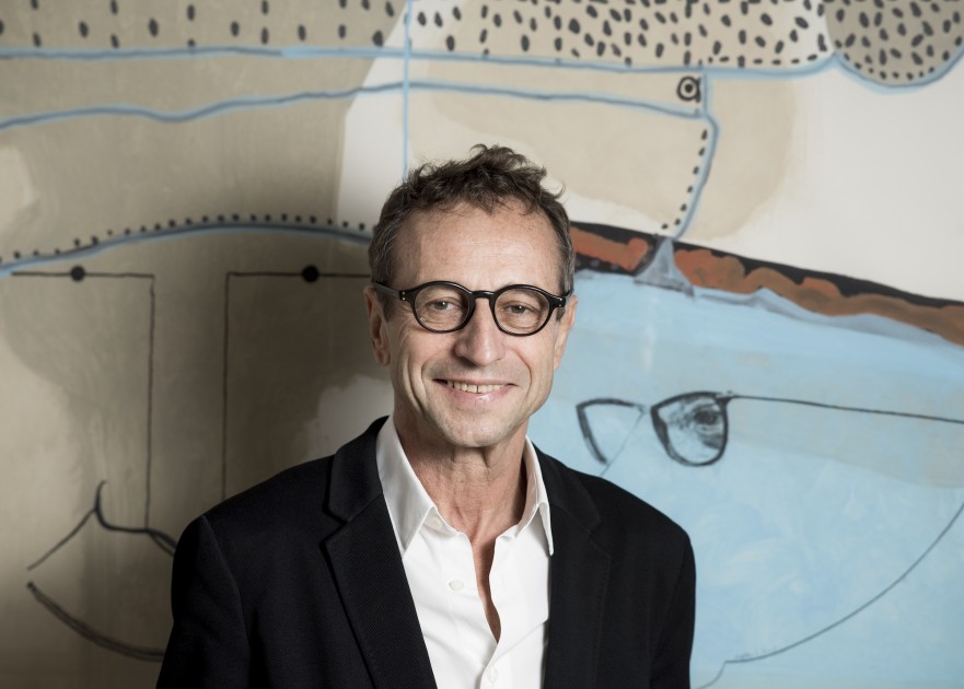 François Blanc in front of an artwork by Jean-Michel Alberola. Photo: Eric Garault. Courtesy of Galerie Templon.