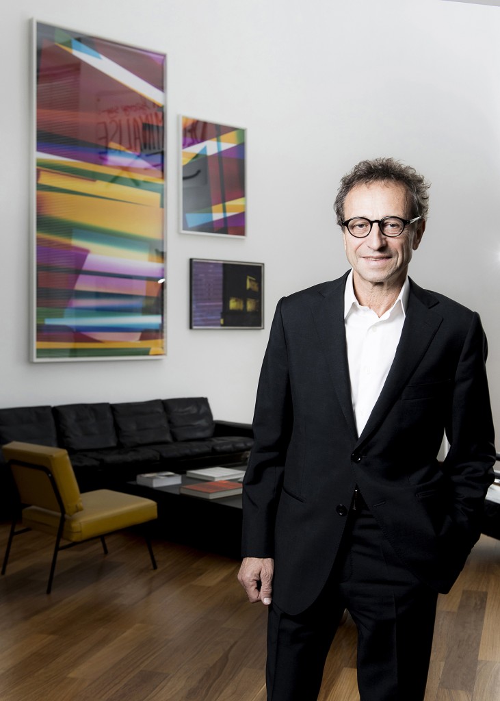 François Blanc in front of artworks by Walleed Beshti and (bottom right) Nathaniel Rackowe. Photo: Eric Garault. Courtesy of François Blanc.