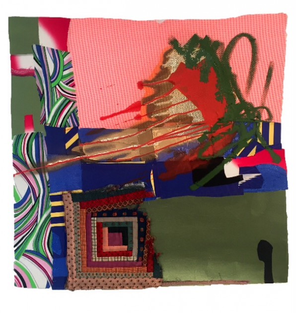 Collage by Sanford Biggers, 2015, fabric and oil stick. Photo courtesy of Jane Wesman.