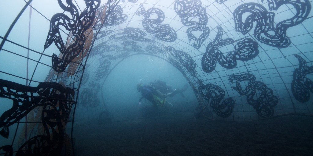 Commissioned by Evelyn Halim, Abigail Hakim and Wiyu Wahono: Teguh Ostenrik, "Domus Anguillae" (House of the Eels), 2022, underwater installation, metal tunnel structure. Courtesy of the collector.