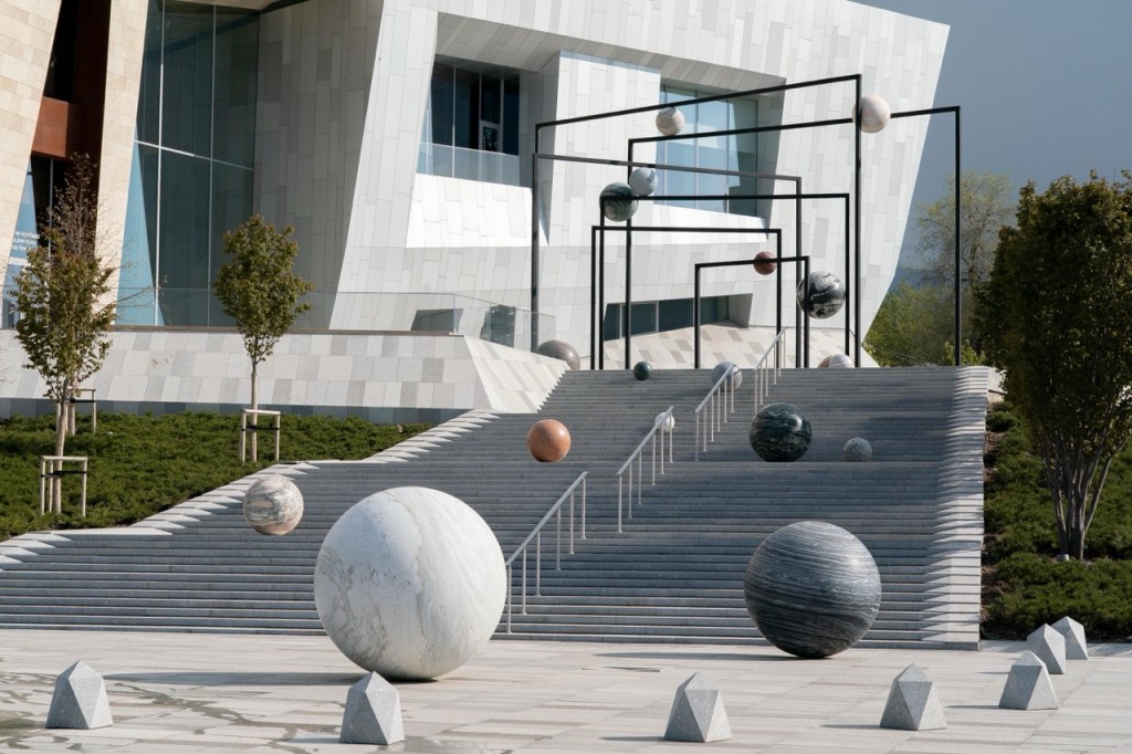 Alicja Kwade's "Pre-position" in the outdoor space at the Almaty Museum of Arts