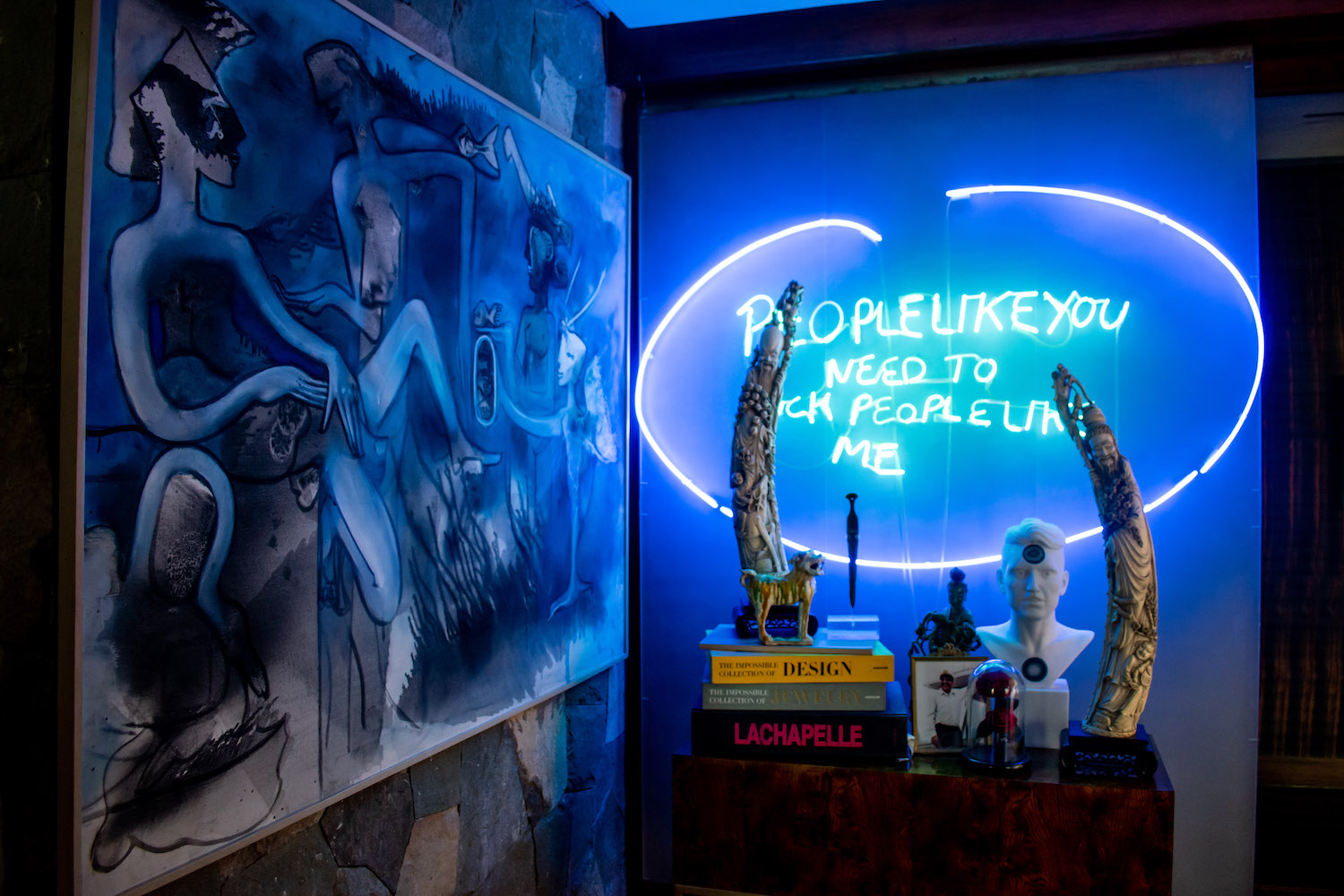 Roberto Matta “Il corvo dello specchio di Artemis”; Tracey Emin, “People like you need to fuck people like me”; and Marc Quinn “Juan’s Portrait”. Photo: Andrés Herrera. Courtesy of Juan Yarur.