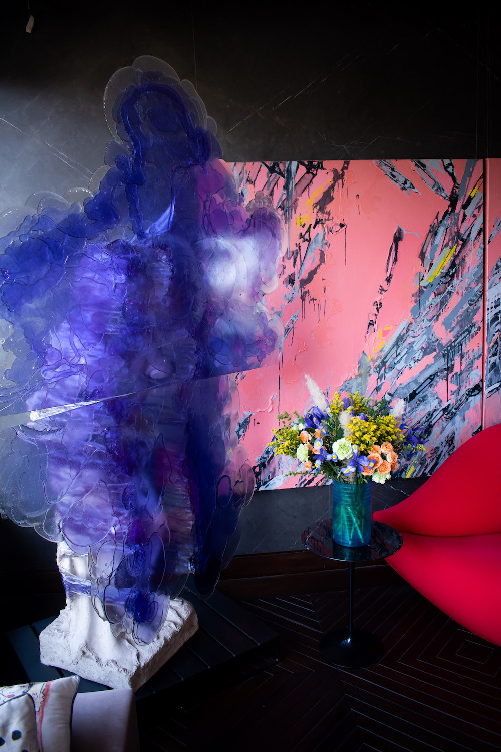 Nick Van Woert, “Untitled”; Grace Weinrib, “Pencil (triptych)"; and Mae West lipstick sofa- Dali (partially seen). Photo: Andrés Herrera. Courtesy of Juan Yarur.