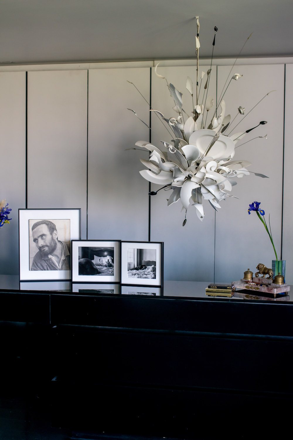 Norah Horna, “El Iluminado”, “Untitled, from Oda a la Necrofilia series”, and “Untitled, from Oda a la Necrofilia series”; Chandelier by Ingo Maurer, “Porca miseria Chandelier". Photo: Andrés Herrera. Courtesy of Juan Yarur.
