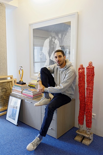 Othman Lazraq in his office in Casablanca, artworks by Malik Sidibé, Norman Catherine and Dominique Zinkpè. Courtesy of Othman Lazraq. © Guillaume Mollé
