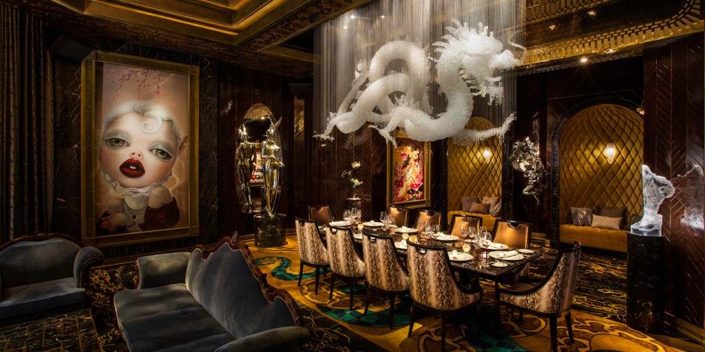Genting Rouge Private Club artwork by artist Ray Caesar and Hajime Sorayama (on the left) and Dragon Chandelier (middle) set with Swarovski crystals created by Alan Chan Design Company. Courtesy of Alan Chan.