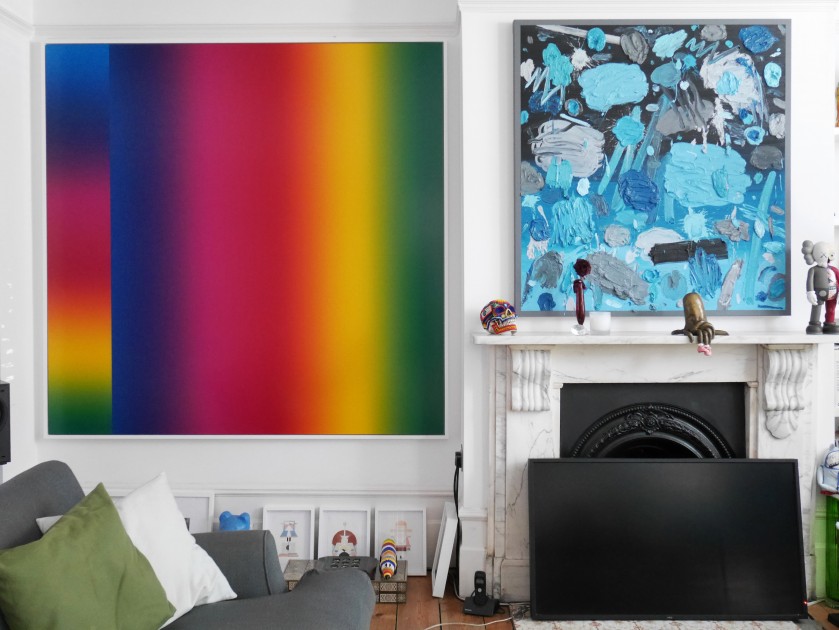 Left to right: digital print by Cory Arcangel, drawings by Amba Says-Bennett, painting by Russell Tyler, bronze sculpture by Laura Ford, figurine by Kaws. Courtesy of Victor Benady.