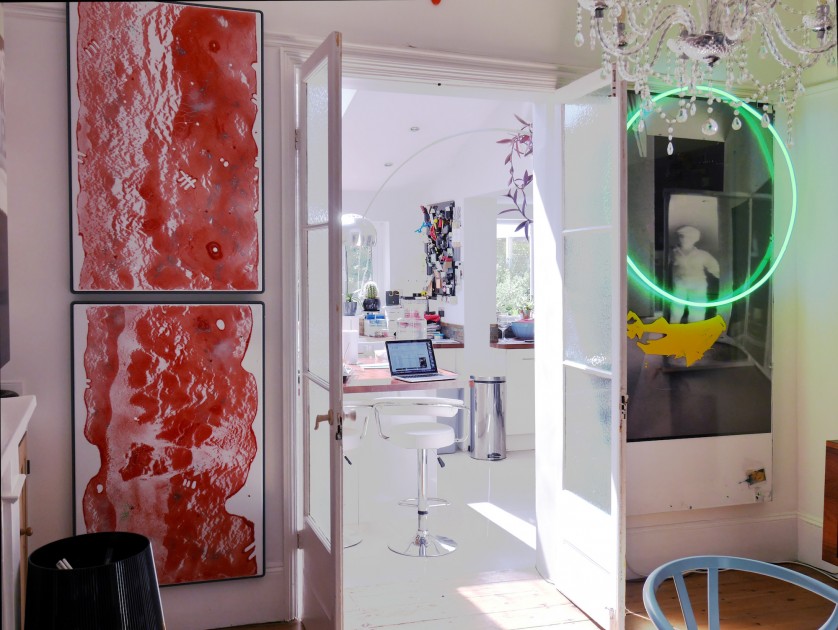 Mixed media work by Nicola Deshayes (left) and mixed media neon work by Joris Van de Moortel (right). Courtesy of Victor Benady.