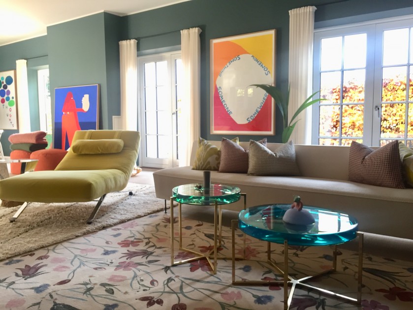 A broad view of Sara's bright-coloured living room. Courtesy of Sara Lysgaard.