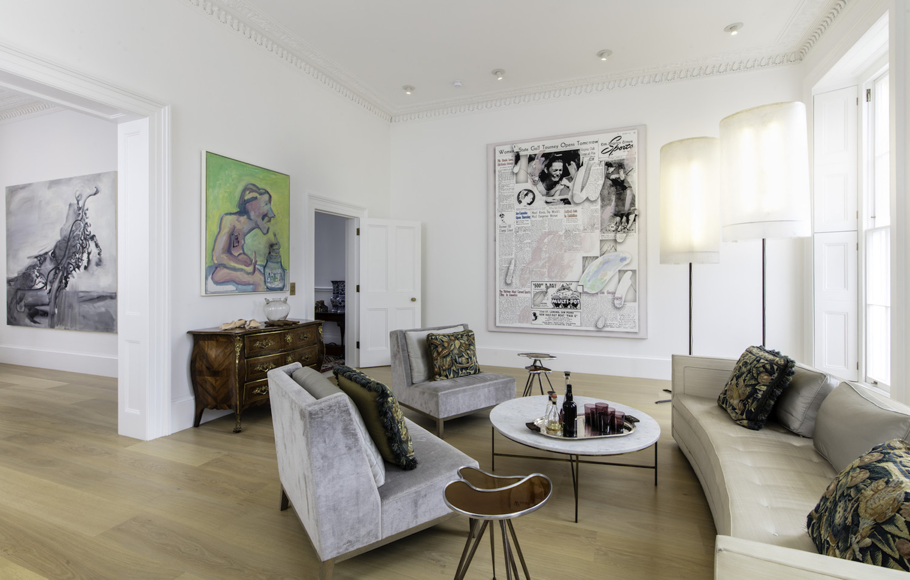 Left to right: Albert Oehlen, Gezeichnete Hunde (Drawn Dogs) (2005); Maria Lassnig, Kunstgift (1980s); Hannah Wilke, Untitled (flesh) (1977-1979); Laura Owens, Untitled (2015); Franz West, Untitled (2005); Franz West, Untitled (2007); The Cranford Collection, London. Photo: Richard Ivey Photography. Courtesy of the Cranford Collection.