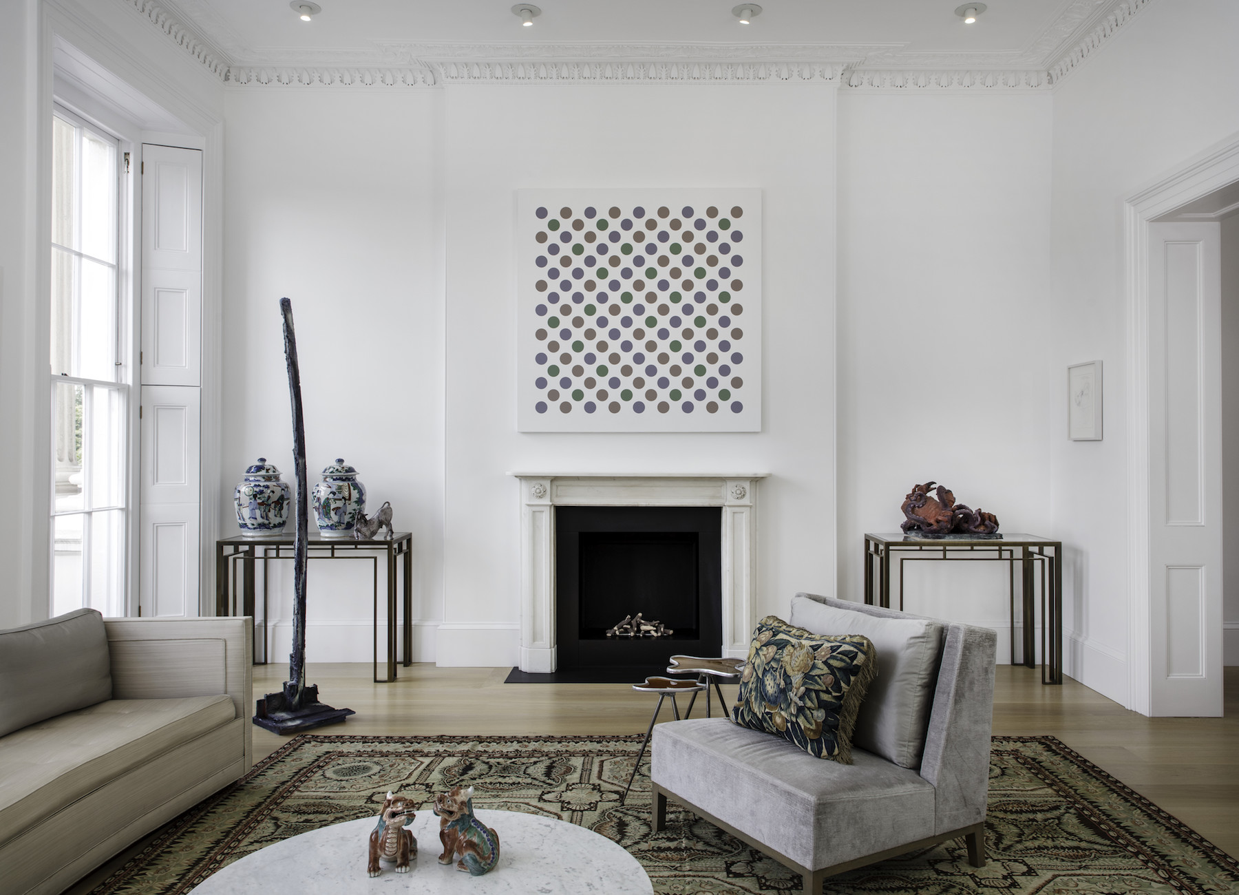 Left to Right: Rachel Harrison, Navy Stud (2017); Bridget Riley, Measure for Measure 6 (2016); and Peter Wächtler, Untitled (octopus) (2014); The Cranford Collection, London. Photo: Richard Ivey Photography.