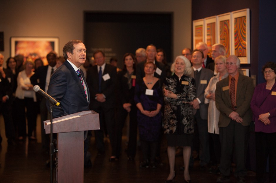 Jordan Schnitzer speaking at "Under Pressure: Contemporary Prints from the Collections of Jordan D. Schnitzer and His Family Foundation" exhibition@ the Jordan Schnitzer Museum of Art in Eugene, OR, 2015. Courtesy of Jordan Schnitzer.