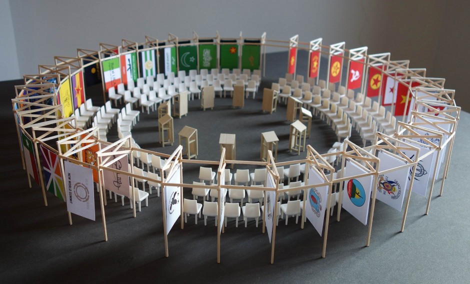 New World Summit – Berlin architectural model  (2012), maquette, plexiglass, wooden structure, 90 X 90 X 117 cm, Jonas Staal. Courtesy of CollezioneTaurisano. 