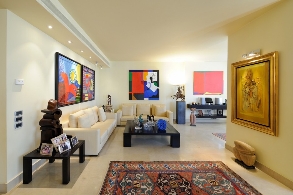 Artworks by Paul Guiragossian (right),  Aref El Rayess (two on the left), Saliba Douaihy and Dia Azzawi at the front. Courtesy of Abraham Karabajakian.