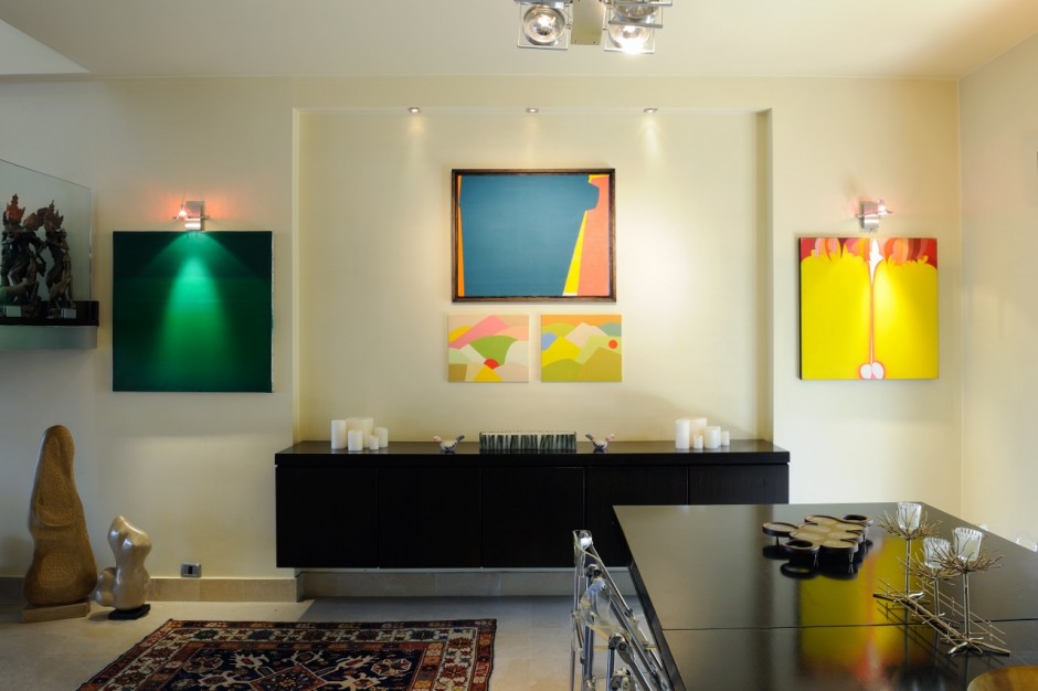 Pieces displayed in apartment: (left to right) by Helen Khal, Etel Adnan, Saliba Douaihy, Sculptures of Alfred Basbous, and painting by Huguette Caland. Courtesy of Abraham Karabajakian.