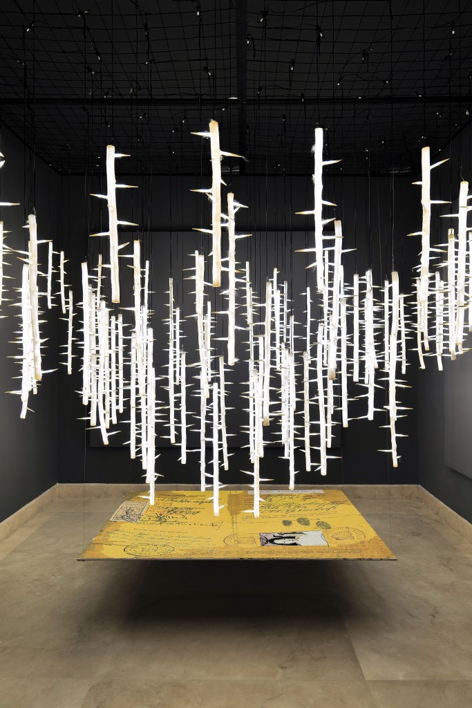 F.X. Harsono, "The Irony Sticks Out", 2023, hand embroidery, resin, paper and LED light, dimensions variable. Courtesy of the collector.