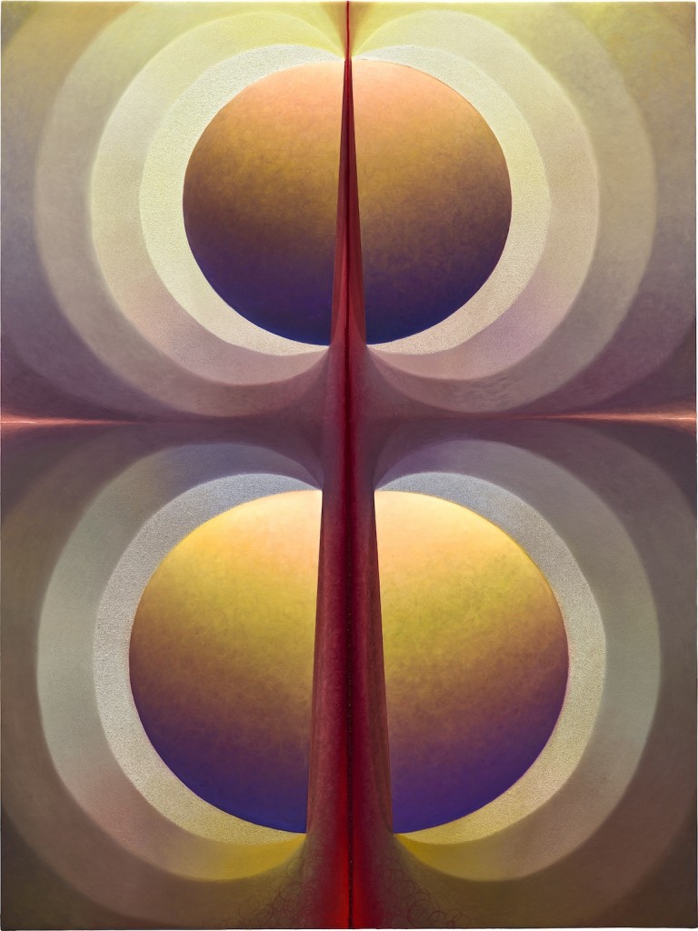 Loie Hollowell Split Orbs in gray-brown, yellow, purple and carmine