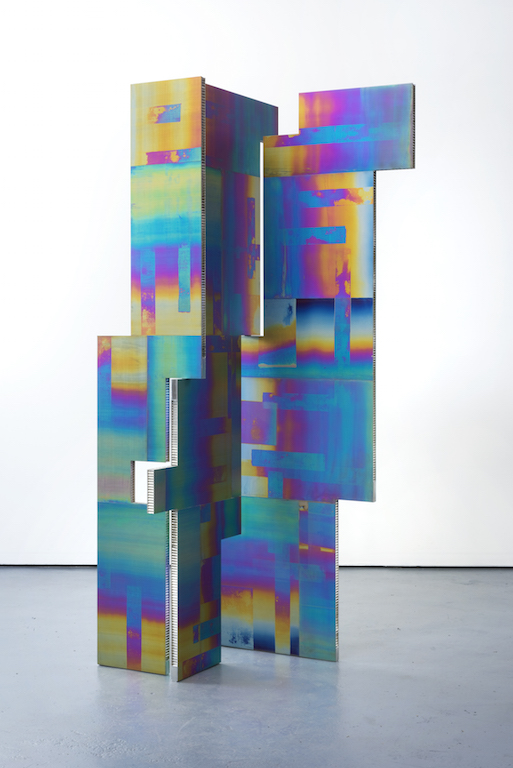 Mark Hagen, A Parliement of Some Things (Additive and Subtractive Sculpture, Titanium Screen, Panels 3, 4, 5), 2014, Anodized titanium on aluminium honeycomb panel, 3 parts: 84 x 36 inch (3), 84 x 36 inch (4), 84 x 18inch (5). Courtesy of Kelly Ying.