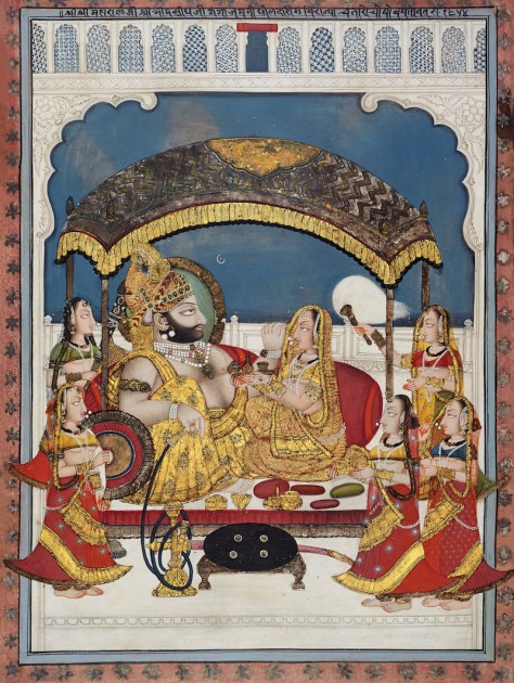 Maharana Bhim Singh of Mewar seated under a Ganga-Jamani canopy - by Choka, dated 1798 CE. Courtesy of Anil Relia.
