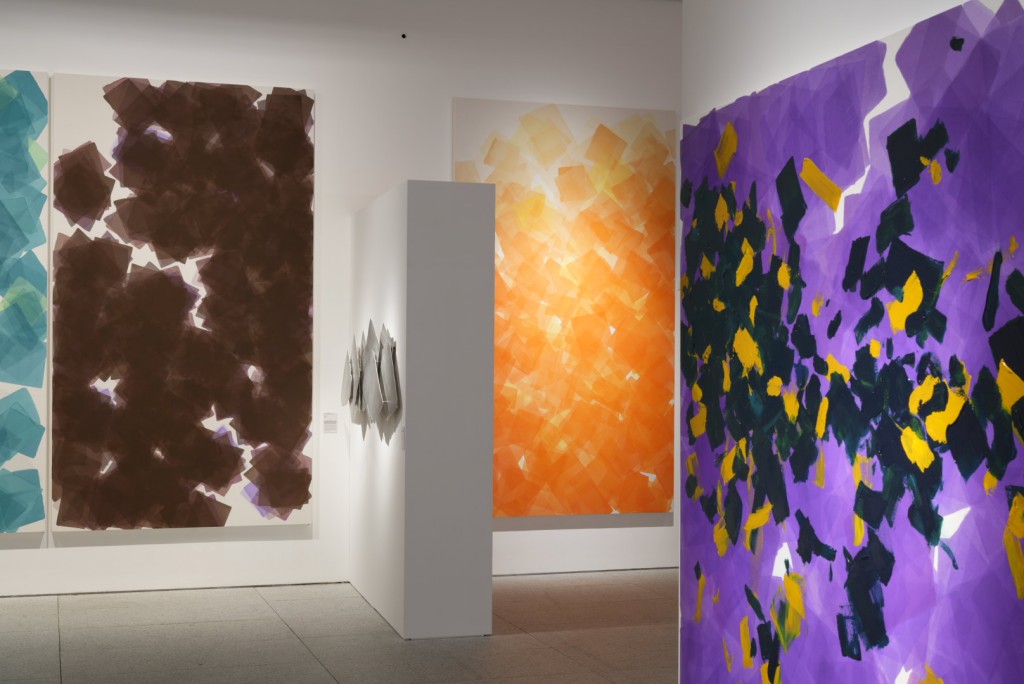 On the right: Sang Huoyao, "World Series 06" (2025), mixed media on silk, 200 × 200 cm.  This recent work marks a new phase in the artist’s practice, where acrylic and ink are deliberately juxtaposed on the same silk surface — a material dialogue between the mineral and the organic, the geological and the carbon-based. (Courtesy of the artist) © Sang Huoyao Studio