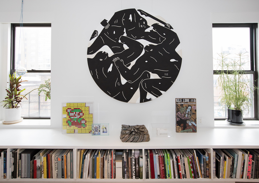 The living room with artworks by Cleon Peterson, Invader, Faile, Clayton Brothers, Daniel Arsham. Courtesy of Sara and Marc Schiller.