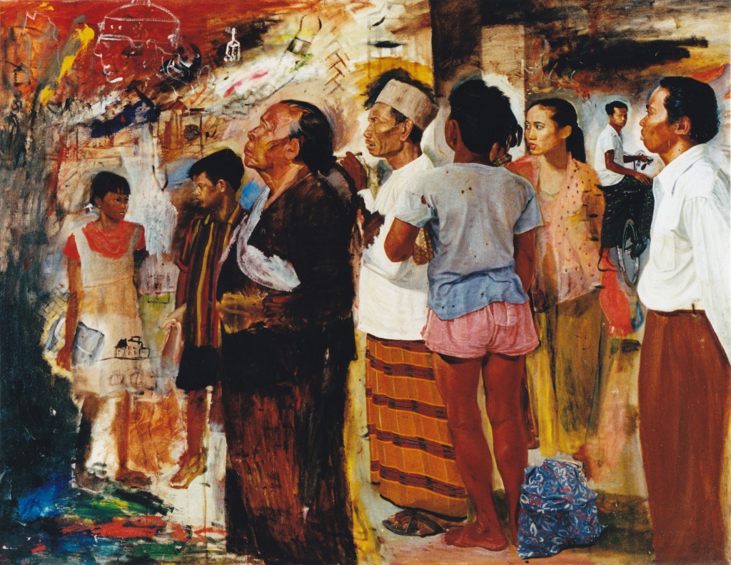 S.Sudjojono (1913-1986), “Perusing a Poster”, 1956, Oil on canvas, 109x140 cm. From the Collection. Courtesy of Dr Oei Hong Djien.