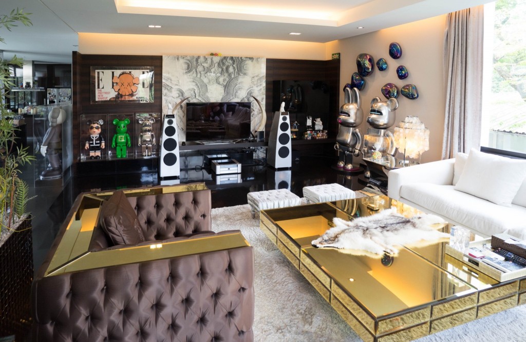 KAWS, Bearbrick 2000% and Rabbrick 2000% by Hajime Sorayama, Chanel, Fendi and Sorayama Bearbrick 1000%, invader, Fox fur by Chrome Hearts, table and couch and furnitures by Visionaire, Meridian speakers. Courtesy of Kong Karoon Sosothikul.