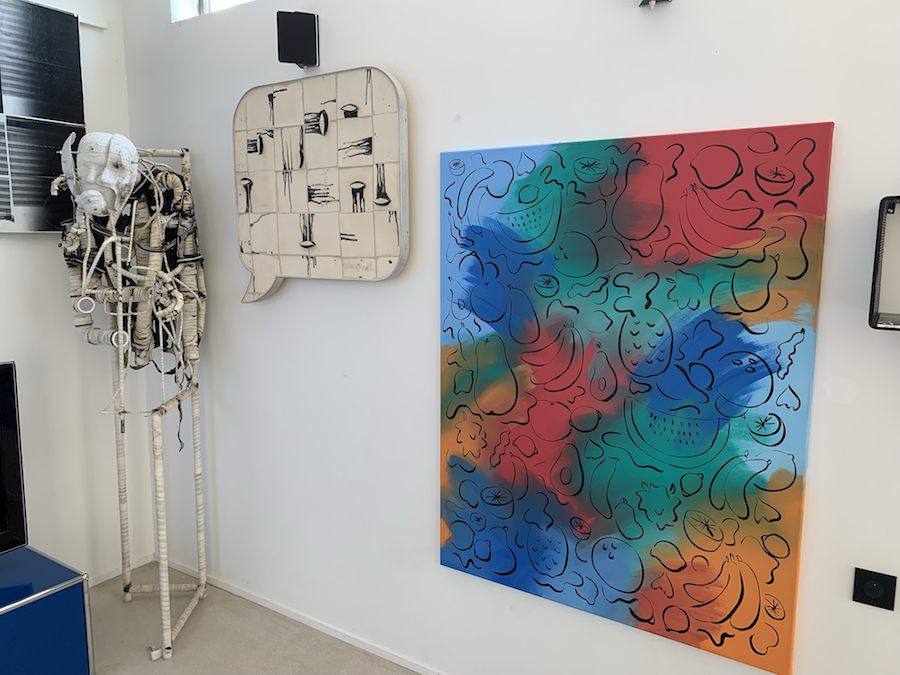 Left to right: artworkd by Renaud Jerez , Liz Craft , and Sol Calero. Courtesy of Sébastien Peyret.