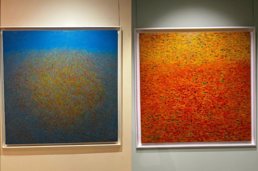 Left: “Core of the Sublime Awakening”, 2023, oil on canvas, 146x146 cm, by Maksuda Iqbal Nipa. Right: “Aureate Rising”, 2023, oil on canvas, 116x116 cm, by Maksuda Iqbal Nipa. Courtesy DBF.