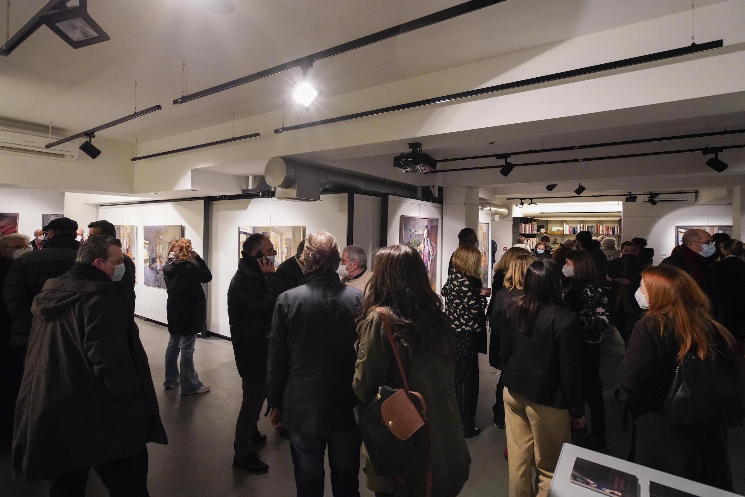 Visitors during the opening of the exhibition “The Sotiris Felios Collection – Stefanos Daskalakis: Painting 2013 – 2021”, 16 Fokionos Negri, Athens, 2022. Photo: Anargiros Bouzoukis