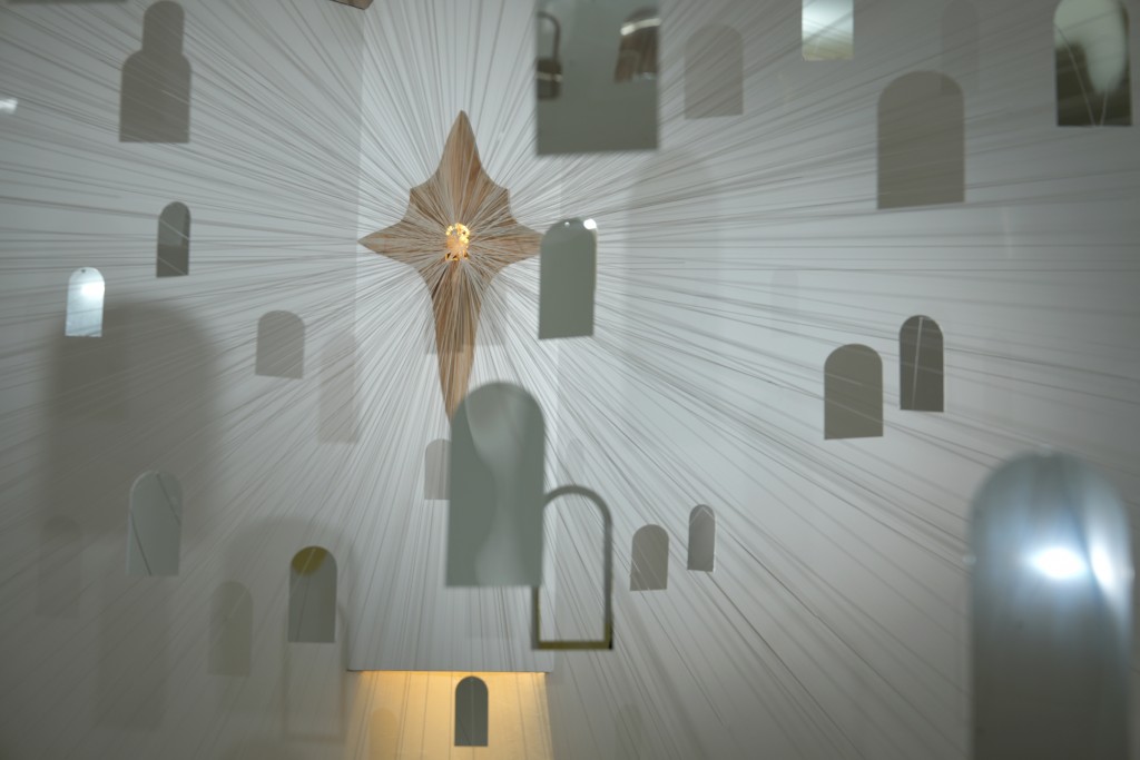 "The Answer", 2026, Installation Wood, mirror, non-elastic rope, light, nail Variable dimensions