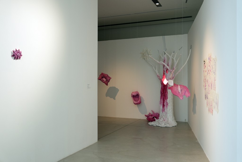 "The Holding", 2026, Composite Installation Foam board, plaster bandage, paper tape, gouache paint, LED strip, cotton, crystal soil, rattan, cardboard, rice paper Variable dimensions