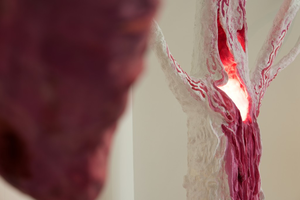 "The Holding", 2026, Composite Installation Foam board, plaster bandage, paper tape, gouache paint, LED strip, cotton, crystal soil, rattan, cardboard, rice paper Variable dimensions